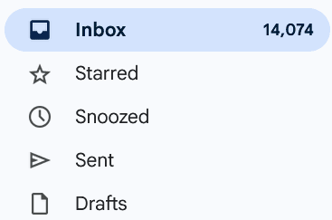 Gmail sidebar showing 14,074 unread emails in the inbox